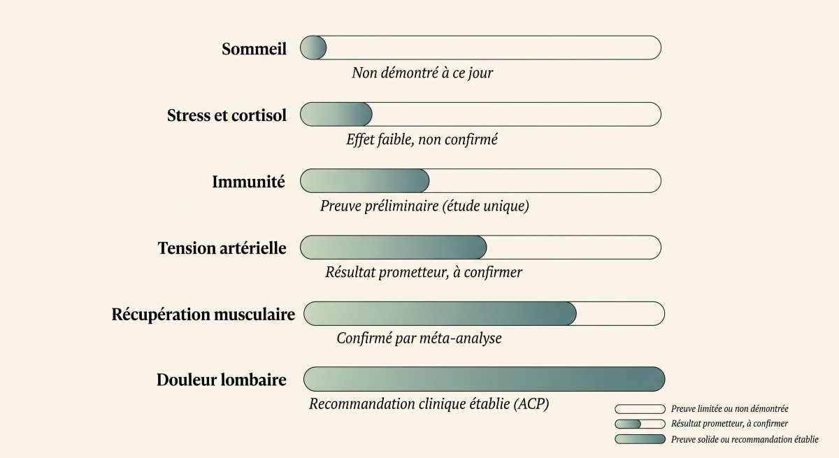 Infographie du niveau de preuve scientifique des bienfaits du massage classique, de préliminaire à recommandation clinique établie